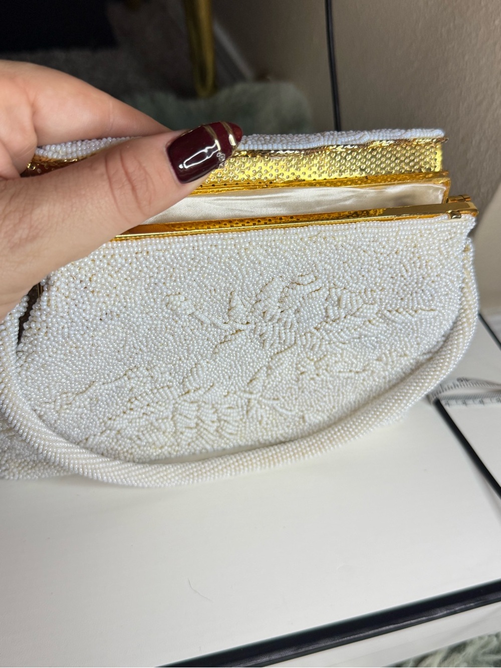 Vintage 1960’s Hand Beaded Silk Lined Top Handle Bag with Gold Flap Closure
